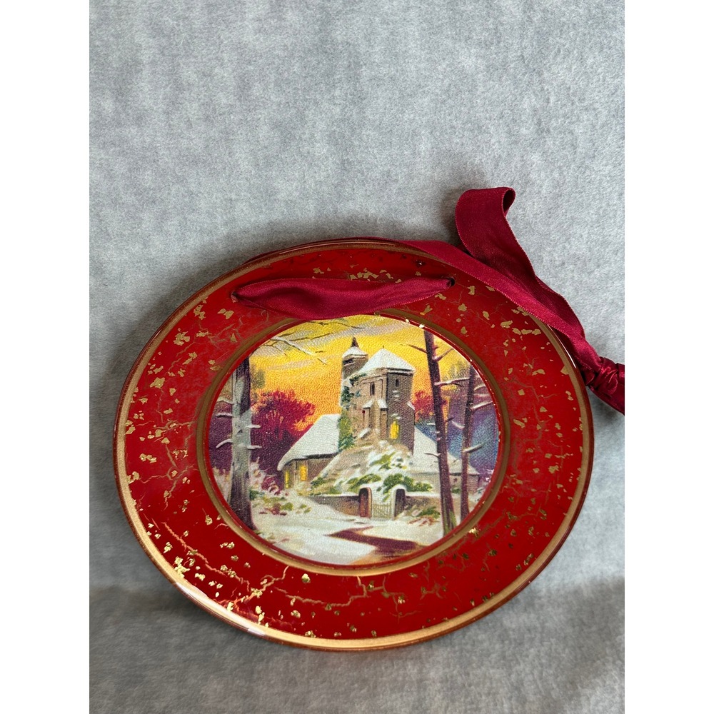 Vintage Red Christmas Plate Glass Winter Scene 9" Wall Hanging Ribbon 9" - Picture 2 of 6